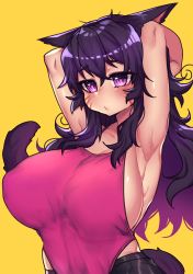 Rule 34 | 1girl, absurdres, animal ears, armpits, arms behind head, arms up, bad id, bad twitter id, bare hips, blush, breasts, cat ears, cat girl, cat tail, closed mouth, dark-skinned female, dark skin, facial mark, final fantasy, final fantasy xiv, highres, large breasts, long hair, looking at viewer, nyarla (osiimi), original, osiimi, pov, purple eyes, purple hair, shiny skin, sideboob, simple background, solo, tail, upper body, whisker markings, yellow background
