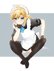 Rule 34 | 1boy, ahoge, apron, ass, blonde hair, blue bow, blue bowtie, blush, bow, bowtie, brown gloves, brown thighhighs, commentary request, fingerless gloves, gloves, grey background, grey panties, hand up, highres, link, maid, maid headdress, nintendo, no shoes, outline, panties, pointy ears, ponytail, short sleeves, sweatdrop, the legend of zelda, the legend of zelda: breath of the wild, thighhighs, ttanuu., underwear, white apron, white background, white outline