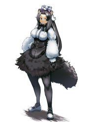Rule 34 | 1girl, :/, animal ears, anteater ears, anteater tail, arm at side, black hair, bow, bowtie, breast pocket, breasts, center frills, closed mouth, corset, expressionless, frills, full body, fur skirt, fur sleeves, giant anteater (kemono friends), gloves, hair ornament, hand on own hip, kemono friends, large breasts, long hair, long sleeves, looking at viewer, pantyhose, pocket, puffy long sleeves, puffy sleeves, render hatch, shoes, simple background, skirt, solo, standing, tail, very long hair, white background