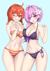 Rule 34 | 2girls, :p, absurdres, ahoge, bare shoulders, bikini, blush, braid, breast press, breasts, cleavage, collarbone, eyes visible through hair, fate/grand order, fate (series), flower, fujimaru ritsuka (female), hair flower, hair ornament, hair over one eye, hand on another&#039;s hip, hand on own face, highres, large breasts, light purple hair, looking at viewer, mash kyrielight, mergerri, multiple girls, navel, one eye closed, open mouth, orange bikini, orange eyes, orange hair, parted lips, purple bikini, purple eyes, shiny skin, short hair, smile, stomach, swimsuit, symmetrical docking, thighs, tongue, tongue out, twin braids