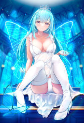 1girl blue_background blue_hair breasts bug butterfly cleavage dress highres insect medium_breasts miku_emori panties pantyshot solo thighhighs tiara underwear white_dress white_panties