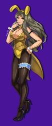 Rule 34 | 1girl, ageha (senran kagura), animal ears, armband, artist name, black armband, black footwear, blue background, bow, bowtie, breasts, brown hair, brown pantyhose, cleavage, closed mouth, collarbone, covered navel, dark-skinned female, dark skin, fake animal ears, fishnets, frills, full body, groin, high heels, highres, large breasts, leotard, long hair, looking at viewer, pantyhose, playboy bunny, rabbit ears, senran kagura, senran kagura new wave, shiny skin, signature, simple background, smile, solo, tan, thigh strap, wrist cuffs, yellow bow, yellow eyes, yellow leotard, zer0z vi