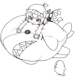 Rule 34 | 1girl, bow, commentary request, crystal, flandre scarlet, greyscale, hat, hat bow, highres, long sleeves, medium hair, mob cap, monochrome, no shoes, oninamako, simple background, slit pupils, smile, socks, solo, stuffed animal, stuffed shark, stuffed toy, touhou, white background, wings