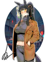 Rule 34 | 1girl, absurdres, alternate costume, animal ears, black hair, blush, breasts, commentary request, cowboy shot, cropped sweater, ear ornament, grey pants, grey sweater, hands in pockets, highres, horse ears, horse girl, horse tail, jacket, large breasts, long hair, looking at viewer, midriff, minew, mouth hold, narita brian (umamusume), navel, open clothes, open jacket, pants, ponytail, rope, shimenawa, signature, solo, stalk in mouth, sweater, tail, turtleneck, turtleneck sweater, umamusume, very long hair, yellow eyes