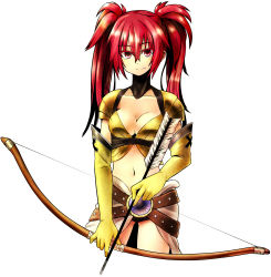 Rule 34 | 1girl, absurdres, arrow (projectile), belt, belt skirt, bow (weapon), breasts, cleavage, elbow gloves, gloves, highres, long hair, nanaly fletch, navel, red eyes, red hair, simple background, smile, solo, tales of (series), tales of destiny, tales of destiny 2, twintails, weapon, white background, yoshida hideyuki