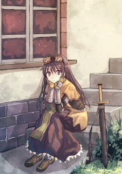 Rule 34 | 1girl, brick wall, brown capelet, brown dress, brown eyes, brown hair, capelet, closed mouth, commentary request, dated commentary, day, dress, expressionless, floral print, frilled dress, frills, full body, gauntlets, goggles, goggles on head, grass, hair between eyes, hands on own cheeks, hands on own face, leaning forward, long dress, long hair, looking at viewer, medium bangs, outdoors, ragnarok online, rose print, scabbard, sheath, sitting, sitting on stairs, solo, stairs, sword, swordsman (ragnarok online), weapon, window, yakka