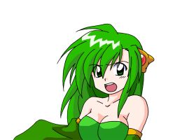 Rule 34 | 1990s (style), 1girl, aged up, bad id, bad pixiv id, bare shoulders, breasts, cleavage, female focus, final fantasy, final fantasy iv, green eyes, green hair, hair ornament, horus (artist), long hair, matching hair/eyes, medium breasts, open mouth, retro artstyle, rydia (ff4), simple background, solo, white background