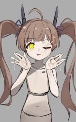 Rule 34 | 1girl, absurdres, ahoge, android, antennae, barcode, blue ribbon, collarbone, commentary, cum, cum in eye, cum on hair, cum on hands, expressionless, female focus, flat chest, grey background, hair ribbon, hakozaki serika, hands up, highres, idolmaster, idolmaster million live!, joints, kouki (chancegak), long hair, looking at viewer, navel, no nipples, nude, one eye closed, ribbon, solo, tongue, twintails, yellow eyes