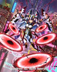Rule 34 | 1girl, armor, armored boots, bodysuit, boots, building, cardfight!! vanguard, cherokee (1021tonii), company name, gloves, glowing, glowing eyes, gyre flower dar chakram, hat, long hair, official art, red eyes, solo, white hair