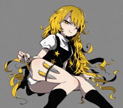 Rule 34 | 1girl, ass, black socks, black vest, blonde hair, blush, closed mouth, commentary request, cookie (touhou), feet out of frame, grey background, holding, holding knife, holster, kirisame marisa, knife, long hair, looking at viewer, lying, medium bangs, messy hair, on side, one eye closed, panties, puffy short sleeves, puffy sleeves, rikadai, shirt, short sleeves, simple background, smile, socks, solo, star (symbol), suzu (cookie), thigh holster, touhou, underwear, very long hair, vest, white panties, white shirt, yellow eyes