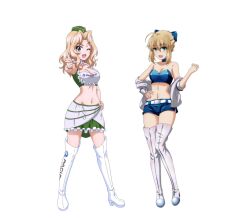 Rule 34 | 2girls, artoria pendragon (all), artoria pendragon (fate), blonde hair, blue eyes, blue shorts, blue tube top, blush, boots, breasts, cleavage, collarbone, fate (series), female focus, frilled skirt, frills, full body, girls und panzer, hair ribbon, hand on own hip, highres, kay (girls und panzer), key (gaigaigai123), large breasts, long hair, looking at viewer, medium breasts, midriff, multiple girls, navel, one eye closed, open mouth, pointing, pointing at viewer, race queen, ribbon, saber (fate), shiny skin, shorts, simple background, skirt, smile, standing, strapless, thigh boots, thighhighs, tube top, white background, white thighhighs