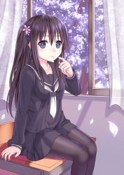 Rule 34 | 1girl, black hair, blue eyes, desk, ikeda yuuki, long hair, original, pantyhose, school uniform, sitting, solo