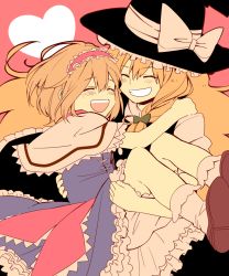Rule 34 | 2girls, alice margatroid, bad id, bad pixiv id, bloomers, blush, bow, capelet, carrying, dress, closed eyes, female focus, grin, hairband, hat, hat bow, highres, hug, kirisame marisa, long hair, multiple girls, open mouth, princess carry, short hair, smile, touhou, underwear, witch hat, yamada (onigori105)