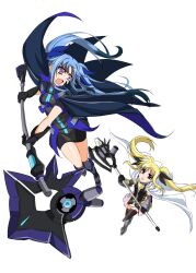 Rule 34 | 2girls, armored gloves, axe, battle, black gloves, blonde hair, blue cape, blue hair, bug, cape, fate testarossa, fate testarossa (blaze form ii), fly, gloves, halberd (nanoha), highres, holding, holding axe, insect, levi the slasher, lyrical nanoha, magical girl, mahou shoujo lyrical nanoha reflection, multiple girls, open mouth, pink eyes, red eyes, simple background, thighhighs, twintails, vulnificus, weapon, white background, white cape, yorousa (yoroiusagi)