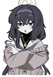 Rule 34 | 1girl, :o, absurdres, black hair, black undershirt, blue archive, brown cardigan, cardigan, commentary request, crossed arms, crossed bangs, hair between eyes, hairband, halo, highres, jacket, jacket partially removed, jewelry, jitome, kunoichi kazuhito (kuno kazu), long hair, long sleeves, looking at viewer, neckerchief, pendant, purple eyes, sailor collar, simple background, sketch, solo, turtleneck, ui (blue archive), upper body, white sailor collar