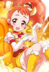 Rule 34 | 10s, 1girl, :d, animal ears, arisugawa himari, blush, bow, bowtie, cure custard, dress, earrings, elbow gloves, feet out of frame, gloves, high ponytail, highres, jewelry, kirakira precure a la mode, knees together feet apart, lens flare, lens flare abuse, long hair, looking at viewer, open mouth, orange hair, paw pose, precure, sekina, short sleeves, sitting, smile, solo, squirrel ears, white gloves, yellow bow, yellow bowtie, yellow dress