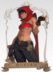 Rule 34 | 1girl, abs, bandeau, belt, belt pouch, black gloves, black hair, black pants, blue eyes, breasts, character name, cleavage, closed mouth, commentary, contrapposto, cowboy shot, dagger, dark-skinned female, dark skin, drawstring bag, dungeons &amp; dragons: shadow over mystara, dungeons &amp; dragons, duplicate, earrings, english commentary, expressionless, eyelashes, female focus, fingerless gloves, gloves, grey background, hair between eyes, highres, holding, holding dagger, holding knife, holding weapon, hoop earrings, jewelry, key, keyring, knife, looking at viewer, md5 mismatch, medium breasts, midriff, moriah, morry, muscular, muscular female, navel, necklace, pants, pouch, red hood, short hair, simple background, solo, strapless, toned, tube top, underboob, weapon