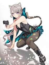 Rule 34 | 1girl, absurdres, adapted costume, animal ears, aqua bow, bare arms, bare shoulders, black dress, black footwear, black pantyhose, boots, bow, breasts, cat ears, cat tail, cleavage, commentary, cross-laced footwear, dress, facial mark, genshin impact, grey hair, gun, hair bow, handgun, highres, holding, holding gun, holding weapon, lace-up boots, long hair, looking at viewer, lynette (genshin impact), microdress, nesaki, pantyhose, purple eyes, shadow, sleeveless, sleeveless dress, small breasts, solo, spaghetti strap, star (symbol), tail, very long hair, weapon, white background
