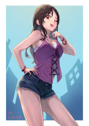Rule 34 | 1girl, ;d, black hair, blue background, breasts, brown eyes, brown hair, contrapposto, dated, day, denim, denim shorts, hand on own hip, hand up, long hair, medium breasts, one eye closed, open mouth, parted bangs, red wristband, sakumichi, short shorts, shorts, smile, solo, standing, suga natsumi, tenki no ko, wristband