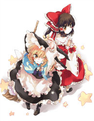 Rule 34 | 2girls, apron, arm up, bad id, bare shoulders, blonde hair, boots, bow, braid, broom, brown eyes, brown hair, capelet, detached sleeves, dress, female focus, frilled apron, frilled skirt, frills, from above, hair bow, hair ribbon, hair tubes, hakurei reimu, hat, hat ribbon, japanese clothes, kirisame marisa, long hair, looking back, miko, multiple girls, one eye closed, ponytail, poprication, ribbon, shirt, shoes, short hair, side braid, simple background, single braid, skirt, sleeveless, sleeveless shirt, smile, socks, star (symbol), touhou, v-shaped eyebrows, white background, wink, witch, witch hat, yellow eyes