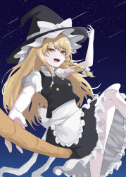 Rule 34 | 1girl, :d, apron, black hat, black vest, blonde hair, bow, braid, broom, broom riding, falling star, hair bow, hat, hat bow, highres, kirisame marisa, kuro wa shinoru, long hair, looking at viewer, maid apron, nail polish, night, night sky, open mouth, puffy short sleeves, puffy sleeves, short sleeves, side braid, single braid, sky, smile, solo, star (sky), starry sky, touhou, twitter username, vest, white apron, white bow, witch hat, yellow eyes, yellow nails
