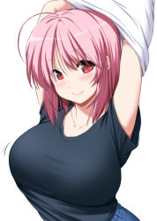 Rule 34 | 1girl, ahoge, arms up, black shirt, blue pants, blush, breasts, collarbone, commentary request, denim, eyes visible through hair, hair between eyes, highres, jeans, large breasts, looking at viewer, motion lines, no headwear, nori tamago, pants, pink hair, red eyes, saigyouji yuyuko, shirt, short hair, short sleeves, simple background, smile, solo, sweater, t-shirt, taut clothes, touhou, undressing, upper body, white background, white sweater