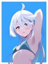 Rule 34 | 1girl, absurdres, ahoge, alternate hairstyle, arm behind head, arm up, armpits, bikini, blue background, blue bikini, borgbutler, breasts, commentary request, grey eyes, grey hair, gundam, gundam suisei no majo, hair between eyes, hair down, highres, long hair, looking at viewer, miorine rembran, open mouth, partial commentary, small breasts, solo, swimsuit, upper body