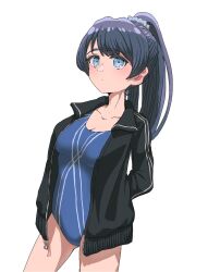 Rule 34 | &amp;&amp;, 1girl, arms behind back, black hair, black jacket, blue eyes, breasts, collarbone, competition swimsuit, cowboy shot, hair ornament, hair scrunchie, highres, jacket, link! like! love live!, long hair, looking at viewer, love live!, medium breasts, murano sayaka, one-piece swimsuit, ponytail, scrunchie, simple background, solo, swimsuit, track jacket, two-tone swimsuit, white background