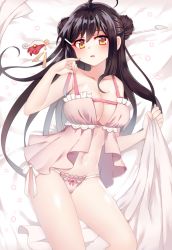 Rule 34 | 1girl, ahoge, ara haan, ara han, babydoll, bad id, bad pixiv id, bare shoulders, black hair, blanket, blanket (kkbjah), bow, bow panties, breasts, cleavage, collarbone, double bun, elsword, frills, hair between eyes, hair bun, hair ornament, hair stick, hairclip, highres, holding, lace, lace-trimmed panties, lace trim, large breasts, lingerie, long hair, looking at viewer, lying, navel, on back, on bed, panties, parted lips, pink bow, pink panties, pinky out, shiny skin, side-tie panties, solo, stomach, underwear, untied, yellow eyes