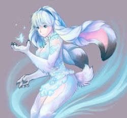 Rule 34 | 1girl, animal ears, animal hands, blue eyes, blue theme, breasts, claws, dahlia (xenoblade), fur, highres, large breasts, long hair, nintendo, rabbit ears, rabbit tail, simple background, smile, snow, solo, tail, tsuki (xenoblade 2), white hair, xenoblade chronicles (series), xenoblade chronicles 2