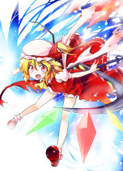 Rule 34 | 1girl, absurdres, blonde hair, dress, fang, female focus, flandre scarlet, hat, highres, kiku hitomoji, long hair, looking at viewer, open mouth, red dress, red eyes, side ponytail, slit pupils, solo, torn clothes, touhou, wings