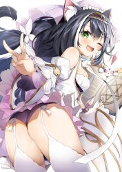 Rule 34 | 1girl, :d, animal ear fluff, animal ears, ass, black hair, blush, book, cat ears, commentary request, detached sleeves, dress, fang, garter straps, green eyes, hair between eyes, hair ornament, hair ribbon, hairband, highres, karyl (princess) (princess connect!), karyl (princess connect!), long hair, multicolored hair, one eye closed, open mouth, panties, pentagram, princess connect!, purple dress, purple panties, ribbon, simple background, smile, solo, standing, streaked hair, thighhighs, two-tone dress, underwear, v, veil, white background, white dress, white hair, white thighhighs, wide sleeves, yana mori
