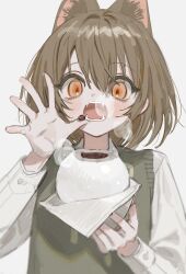 Rule 34 | 1girl, animal ears, blush, bob cut, bread bun, brown hair, buttoned cuffs, buttons, collared shirt, commentary, dot nose, fangs, food, fox ears, fox girl, frost fog, green sweater vest, hair between eyes, highres, holding, holding food, long sleeves, looking at viewer, medium hair, open mouth, orange eyes, original, raised eyebrows, red bean paste, shirt, sidelocks, simple background, solo, straight-on, sweater vest, symbol-only commentary, teeth, upper body, white background
