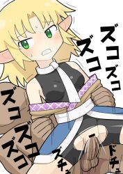 Rule 34 | 1girl, arm grab, arm warmers, bar censor, bike shorts, black shirt, black shorts, black skirt, blonde hair, breasts, brown shirt, censored, clenched teeth, clothed female nude male, clothed sex, commentary, cookie (touhou), cowboy shot, dutch angle, faceless, faceless male, green eyes, hetero, hospital king, joker (cookie), medium bangs, medium hair, mizuhashi parsee, motion lines, nude, off shoulder, parted bangs, penis, pointy ears, pussy, scarf, sex, sex from behind, shirt, short sleeves, shorts, simple background, skirt, small breasts, tearing up, teeth, torn bike shorts, torn clothes, touhou, undershirt, vaginal, white background, white scarf