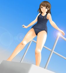 Rule 34 | 1girl, :o, blue school swimsuit, blue sky, blue one-piece swimsuit, blush, brown eyes, brown hair, collarbone, from below, highres, lens flare, logo, nikkeru suiso, old school swimsuit, one-piece swimsuit, open mouth, outdoors, pee, peeing, peeing self, railing, school swimsuit, sky, solo, swimsuit, tearing up, tears, water drop, wet, wet clothes, wet swimsuit
