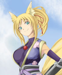 Rule 34 | 10s, 1girl, animal ears, bad id, bad pixiv id, blonde hair, breasts, day, dog days, elbow gloves, female focus, fox ears, fox tail, gloves, green eyes, harapeko1129, japanese clothes, large breasts, ponytail, sky, smile, solo, tail, yukikaze panettone
