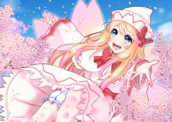 Rule 34 | 1girl, blonde hair, blue eyes, blue sky, blush, bow, bowtie, capelet, cherry blossoms, cloud, commentary, day, dress, fairy wings, feet out of frame, flat chest, hair bow, hat, highres, jouzou, lily white, long hair, looking at viewer, nail polish, open mouth, outdoors, pink capelet, pink dress, pink hat, pink nails, reaching, reaching towards viewer, red bow, red bowtie, red sash, sash, sky, smile, solo, touhou, wings