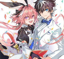 Rule 34 | 2boys, astolfo (fate), black bow, black dress, blue bow, blue eyes, bow, brown hair, buttons, charlemagne (fate), closed mouth, collared shirt, dress, fate/apocrypha, fate/extella, fate/extra, fate/grand order, fate (series), flower, hair between eyes, hair bow, jacket, long hair, long sleeves, looking at viewer, multiple boys, open mouth, pink eyes, pink flower, pink hair, poppoman, shirt, short hair, short sleeves, smile, teeth, upper body, white background, white flower, white jacket, white shirt