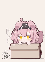 Rule 34 | 1girl, ahoge, animal ears, arknights, beni shake, black hairband, blush, box, brown background, cardboard box, cat ears, cat girl, cat tail, closed mouth, commentary request, goldenglow (arknights), hairband, hands up, in box, in container, lightning bolt print, pink hair, print hairband, shadow, signature, solo, tail, yellow eyes