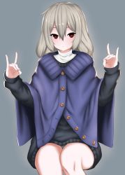 Rule 34 | 1girl, \m/, double \m/, grey background, grey hair, hakuduki18, highres, long hair, looking at viewer, original, red eyes, simple background, sitting, solo