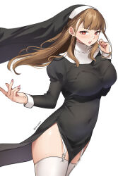 Rule 34 | 1girl, absurdres, black dress, breasts, brown hair, character request, clothing cutout, commentary, copyright request, cowboy shot, dress, elina (pinepin), garter straps, habit, hand up, highres, juliet sleeves, large breasts, long hair, long sleeves, looking at viewer, navel, navel cutout, nun, pinepin, puffy sleeves, red eyes, simple background, solo, standing, thighhighs, thighs, very long hair, white background, white thighhighs