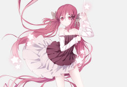 Rule 34 | 1girl, bare shoulders, bow, cuivre, detached sleeves, dress, grey background, hair bow, hair ornament, hand up, highres, holding, holding sword, holding weapon, long hair, looking at viewer, original, pink eyes, pink hair, solo, standing, star (symbol), sword, very long hair, weapon, white bow