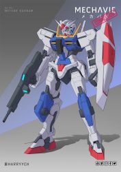 Rule 34 | blue eyes, character name, commentary, commission, english commentary, gun, gundam, gundam 00, harryych, highres, holding, holding gun, holding shield, holding weapon, looking down, mecha, mobile suit, no humans, original, robot, science fiction, shield, solo, standing, twitter username, v-fin, weapon