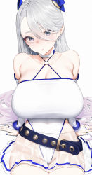 Rule 34 | 1girl, absurdres, bare shoulders, belt, blush, breasts, bridal gauntlets, choker, cleavage, closed mouth, commentary, dress, earrings, english commentary, gradient hair, grey eyes, hair between eyes, highres, hoop earrings, huge breasts, jewelry, light purple hair, long hair, looking at viewer, mochirong, multicolored hair, nail polish, original, see-through, see-through skirt, silver hair, simple background, sitting, skirt, solo, tight clothes, very long hair, white background