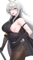 Rule 34 | 1girl, :d, absurdres, arknights, bare shoulders, black gloves, black shirt, blue eyes, breasts, brown pantyhose, gloves, grey hair, highres, kanta (kanta 077), large breasts, long hair, looking at viewer, open mouth, pantyhose, savage (arknights), shirt, simple background, sleeveless, sleeveless shirt, smile, solo, thighs, very long hair, white background
