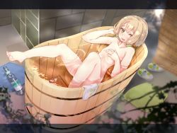 Rule 34 | 1girl, bath, blonde hair, blurry, cathayan, commentary request, covering privates, covering breasts, depth of field, from above, green eyes, hand in own hair, indoors, letterboxed, nude, official art, original, plant, shoes, unworn shoes, sitting, solo, window blinds