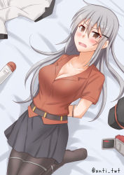 Rule 34 | 1girl, anti (untea9), bed, black hat, black pantyhose, black skirt, blush, bound, breasts, brown eyes, camcorder, cleavage, collarbone, commentary request, facial scar, gangut (kancolle), grey hair, hat, highres, jacket, kantai collection, large breasts, long hair, looking at viewer, lying, pantyhose, peaked cap, red shirt, restrained, scar, scar on cheek, scar on face, shirt, skirt, solo, tied up, twitter username, unworn hat, unworn headwear, unworn jacket, video camera, white jacket