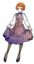 Rule 34 | 1girl, artist request, blouse, boots, brown eyes, brown hair, clothes lift, dress, dress lift, full body, pantyhose, purple dress, shiei no sona-nyl, shirt, short hair, smile, solo, standing, steampunk (liarsoft), vivien (shiei no sona-nyl), white background