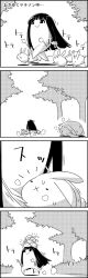 Rule 34 | 4koma, :x, = =, animal, animal on head, rabbit, rabbit on head, comic, commentary request, forest, from behind, grass, greyscale, highres, houraisan kaguya, long hair, lying, monochrome, nature, on head, on side, picking up, running, smile, sweat, tani takeshi, touhou, translation request, tree, very long hair, yukkuri shiteitte ne