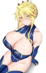 Rule 34 | 1girl, ahoge, arind yudha, artoria pendragon (fate), artoria pendragon (lancer) (fate), bare shoulders, blonde hair, blue gloves, blue leotard, blue thighhighs, braid, breasts, cleavage, cleavage cutout, clothing cutout, collarbone, covered navel, crown, elbow gloves, fate/grand order, fate (series), french braid, gloves, gold trim, green eyes, hair between eyes, highleg, highleg leotard, highres, large breasts, leotard, long hair, looking at viewer, sidelocks, sitting, solo, thighhighs, thighs